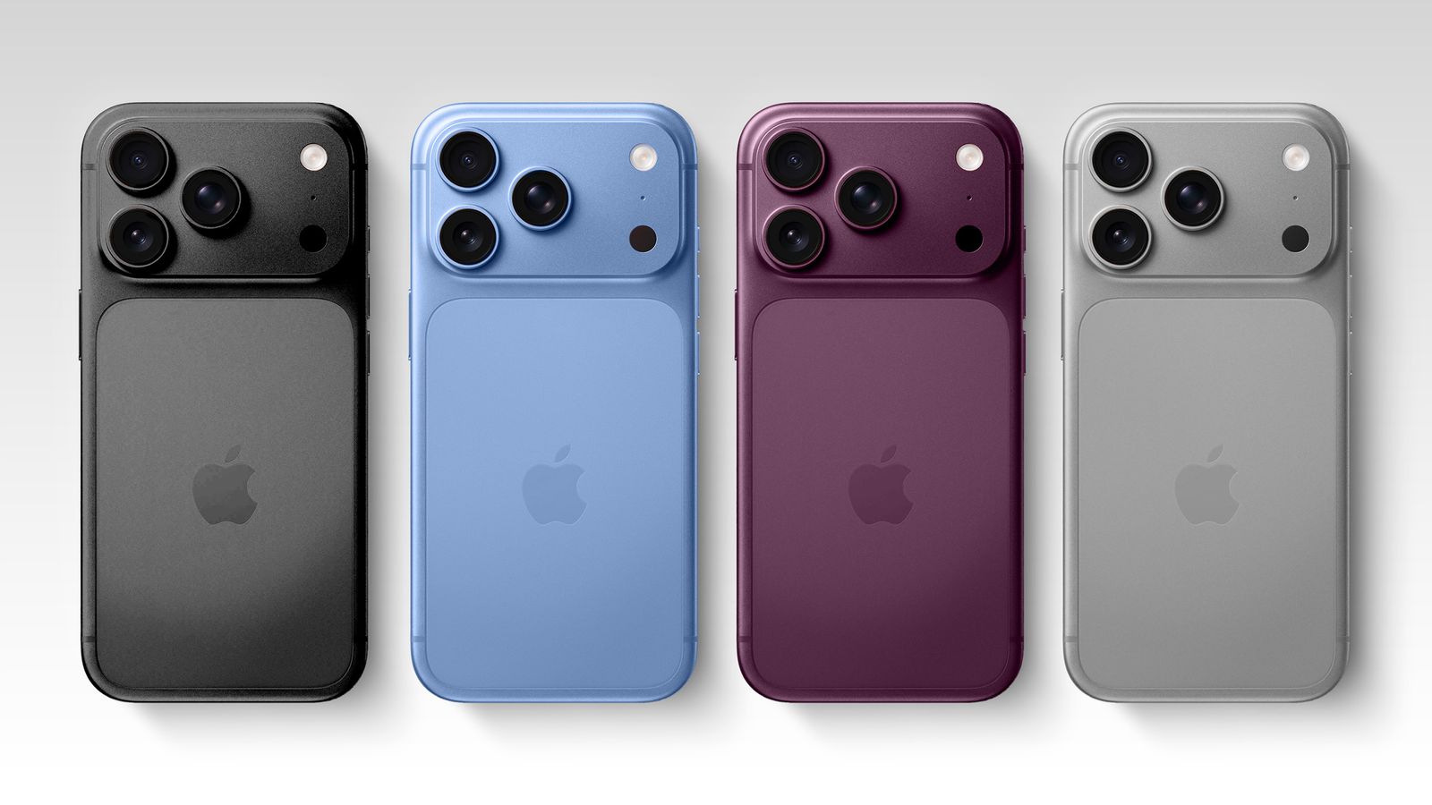 iPhone in black, blue, plum and silver