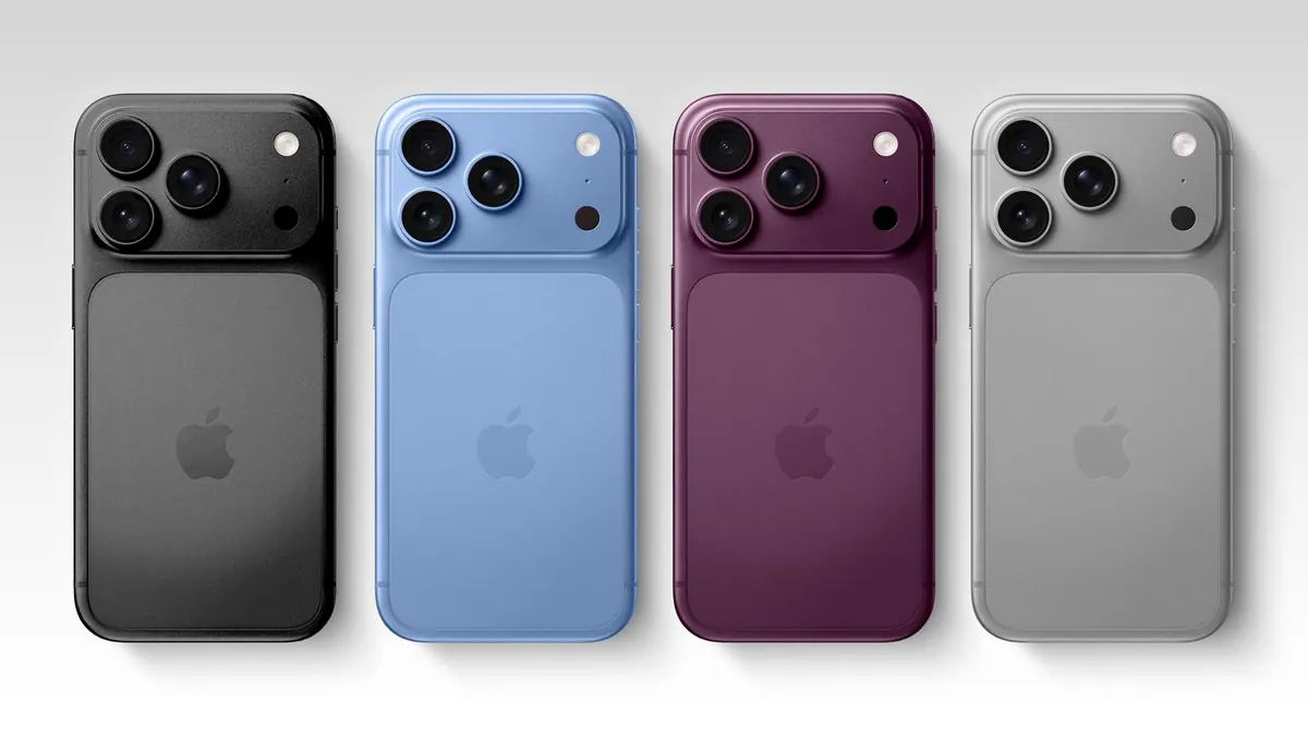 iPhone in black, blue, plum and silver